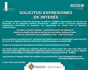 Lee más sobre el artículo ECEBOL PLANTA ORURO – CONTRATACIÓN DE SERVICIO ESPECIALIZADO DE INSTALACIÓN DE MATERIAL REFRACTARIO PARA EL PROCESO DE CLINKERIZACIÓN – GESTIÓN 2023
