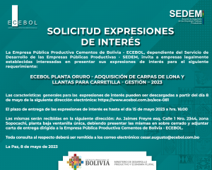 Lee más sobre el artículo ECEBOL PLANTA ORURO – ADQUISICIÓN DE CARPAS DE LONA Y LLANTAS PARA CARRETILLA – GESTIÓN – 2023
