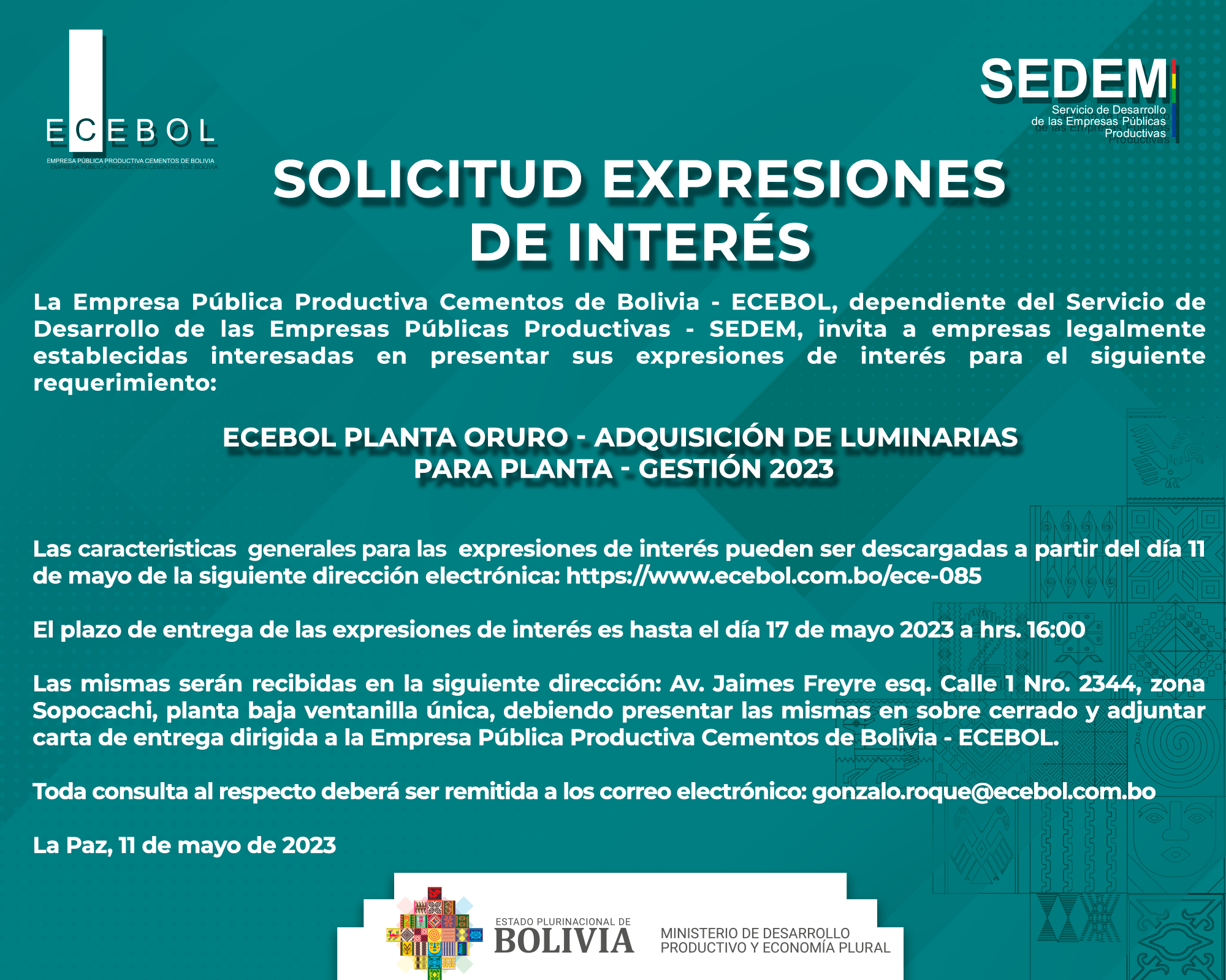 Lee más sobre el artículo ECEBOL PLANTA ORURO – ADQUISICIÓN DE LUMINARIAS PARA PLANTA – GESTIÓN 2023