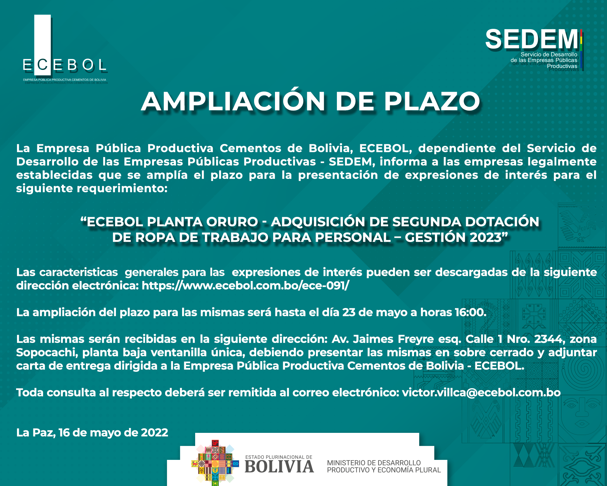 Lee más sobre el artículo ECEBOL PLANTA ORURO – ADQUISICIÓN DE SEGUNDA DOTACIÓN DE ROPA DE  TRABAJO PARA PERSONAL – GESTIÓN 2023