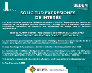 Lee más sobre el artículo ECEBOL PLANTA ORURO – ADQUISICIÓN DE CÁMARA CLIMÁTICA PARA ENSAYOS FÍSICO MECÁNICOS EN CEMENTO – GESTIÓN 2023