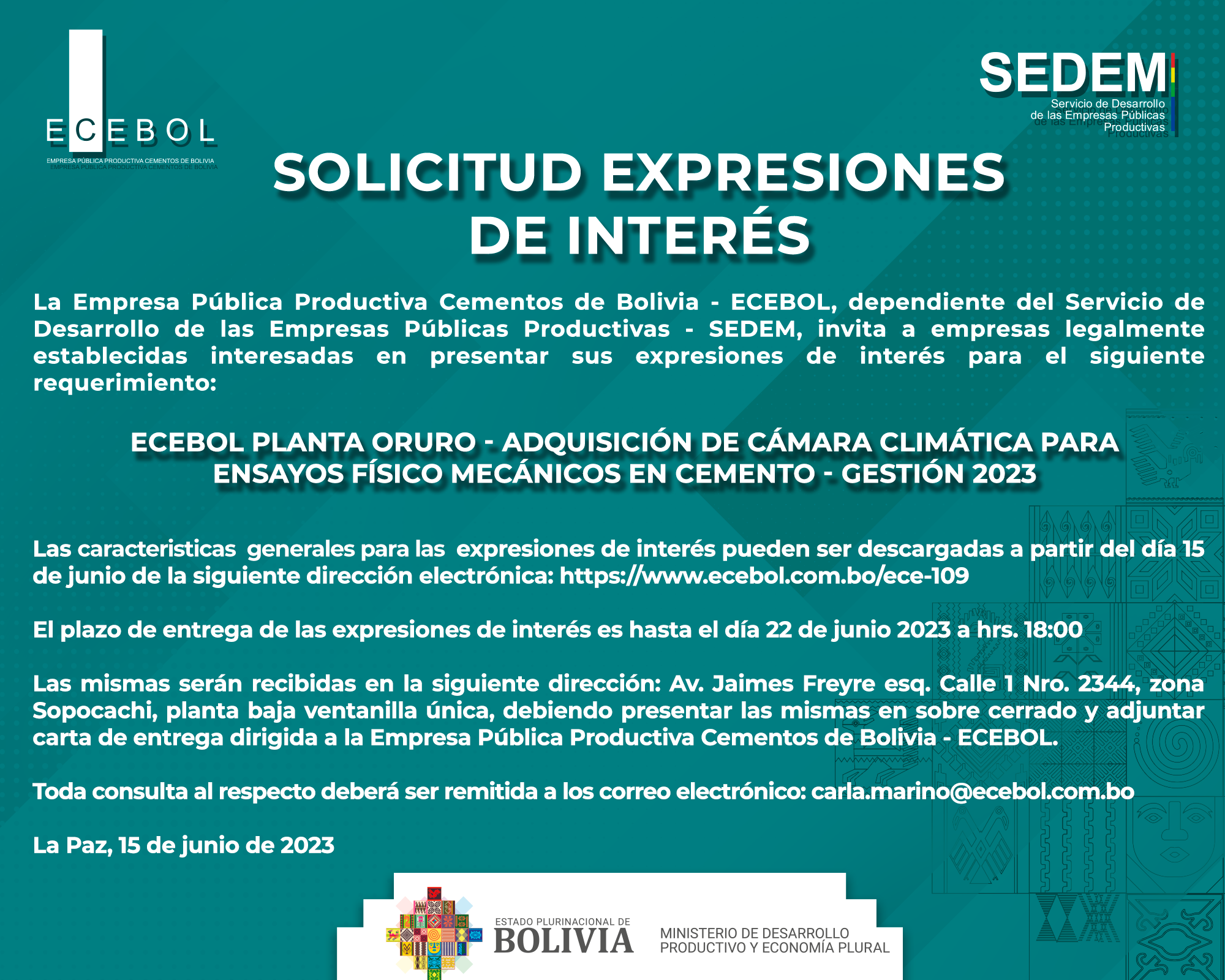 Lee más sobre el artículo ECEBOL PLANTA ORURO – ADQUISICIÓN DE CÁMARA CLIMÁTICA PARA ENSAYOS FÍSICO MECÁNICOS EN CEMENTO – GESTIÓN 2023