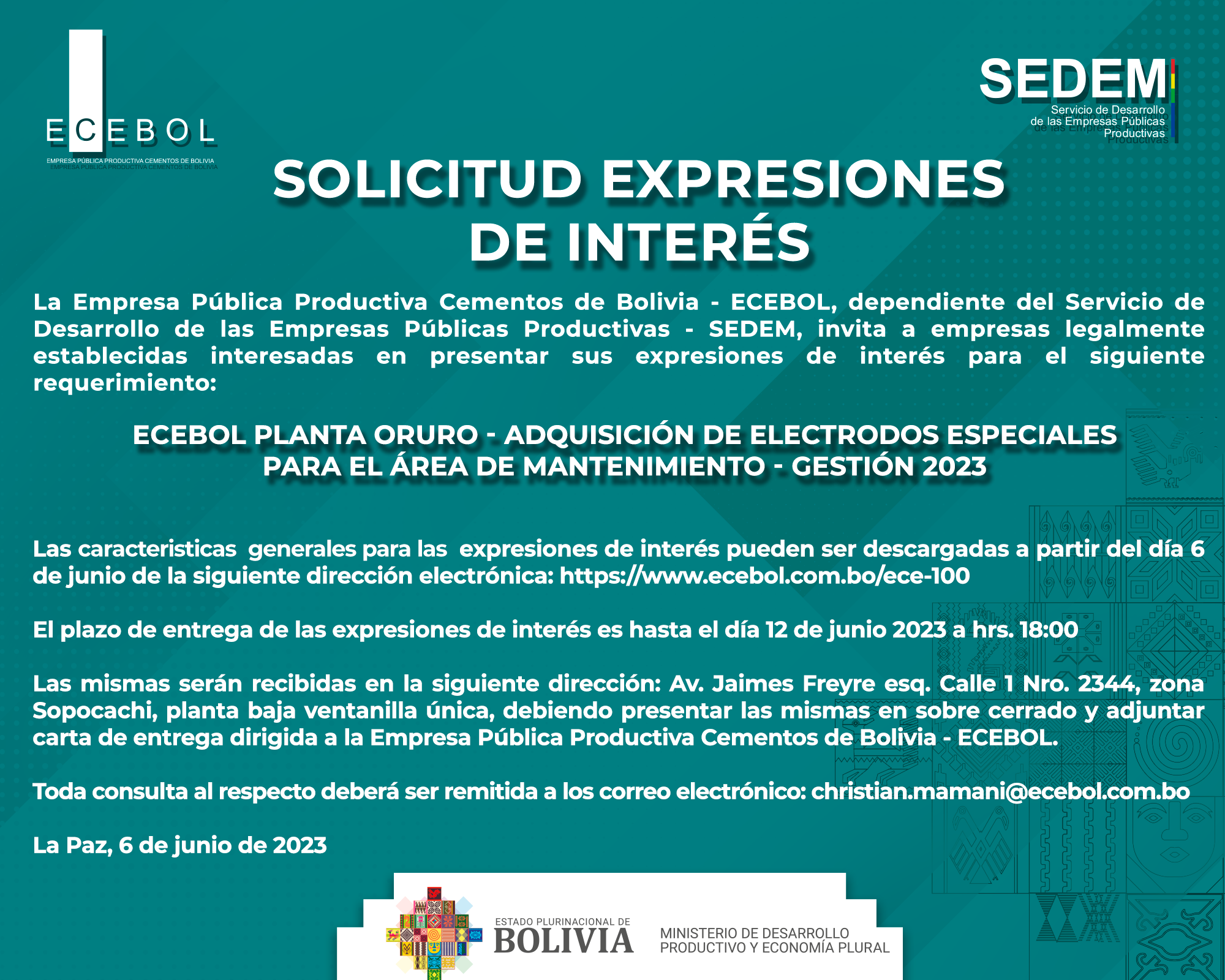 ECEBOL PLANTA ORURO – ADQUISICIÓN DE ELECTRODOS ESPECIALES PARA EL ÁREA DE MANTENIMIENTO – GESTIÓN 2023
