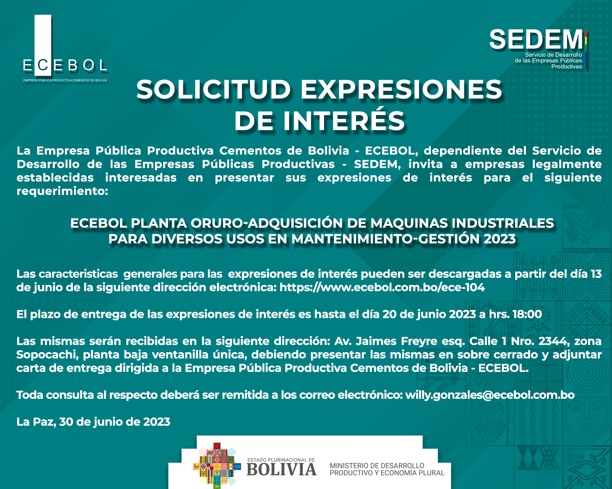 ECEBOL PLANTA ORURO-ADQUISICIÓN DE MAQUINAS INDUSTRIALES PARA DIVERSOS USOS EN MANTENIMIENTO-GESTIÓN 2023