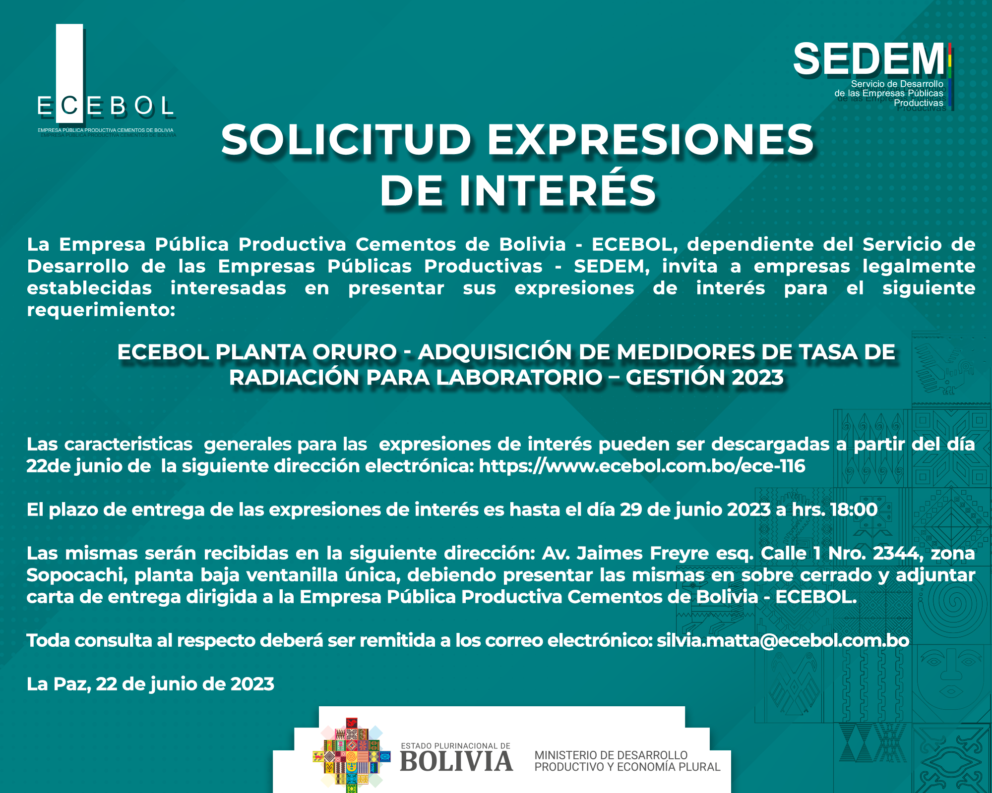 Lee más sobre el artículo ECEBOL PLANTA ORURO – ADQUISICIÓN DE MEDIDORES DE TASA DE RADIACIÓN PARA LABORATORIO – GESTIÓN 2023