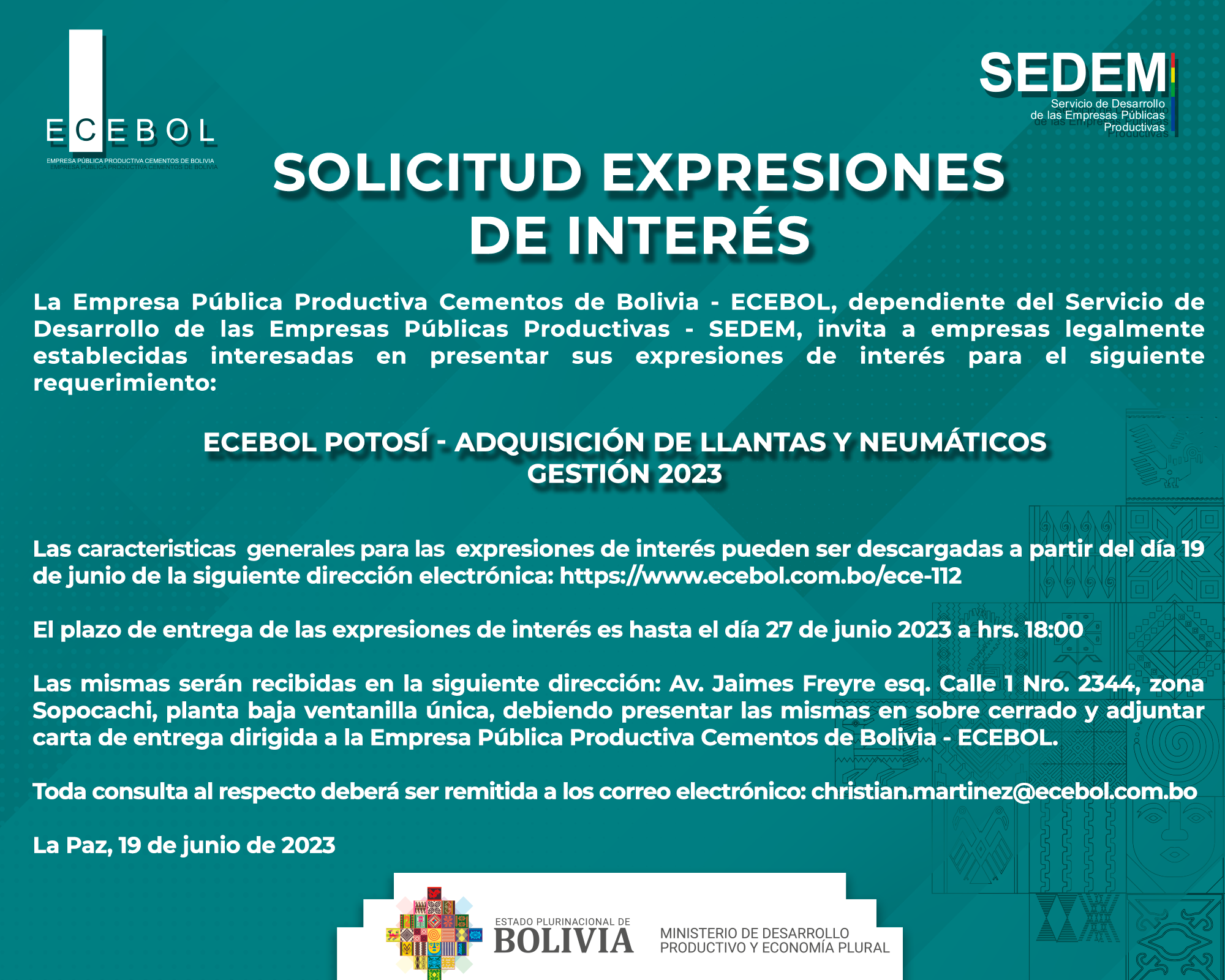 Lee más sobre el artículo ECEBOL POTOSI- ADQUISICION DE LLANTAS Y NEUMATICOS GESTION 2023